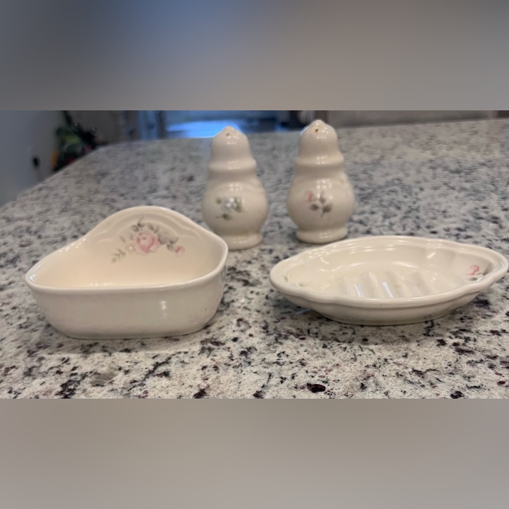 Tea Rose Pfaltzgraff Soap Dishes and Pepper and Salt holders.